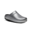 OOFOS Women's OOcloog Luxe recovery clog in Basalt silver metallic finish with closed toe, contoured footbed and lightweight slip-on design