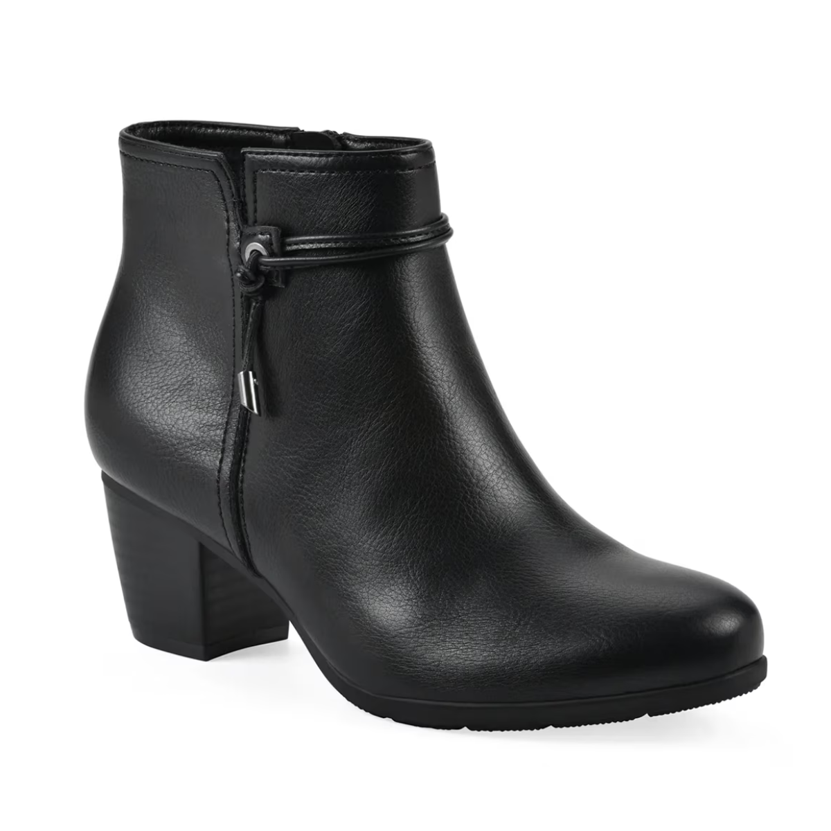 The Cliffs by White Mountain Angelo Bootie features black leather, a mid-height stacked block heel, side zipper, and a decorative ankle strap.