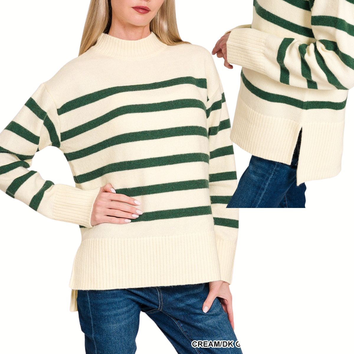 A person wears the FASHION GO Striped Mock Neck Sweater with cream and dark green stripes, long sleeves, ribbed cuffs, and a side slit, paired with blue jeans for a relaxed look.