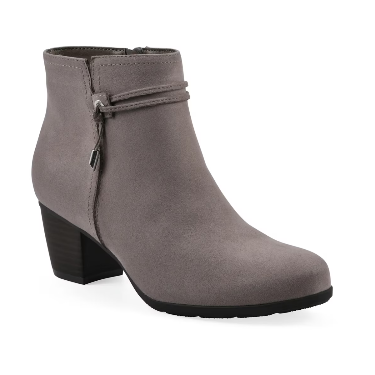 The Cliffs by White Mountain Angelo Bootie by Cliffs showcases gray suede, a low stacked block heel, side zipper, and a decorative ankle strap.