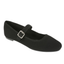 The MIA Brita Knit MaryJane Ballet Flat is a black ballet flat featuring a textured knit surface, rounded toe, and a single strap across the top secured by a silver buckle. It also includes a cushioned footbed for added comfort.