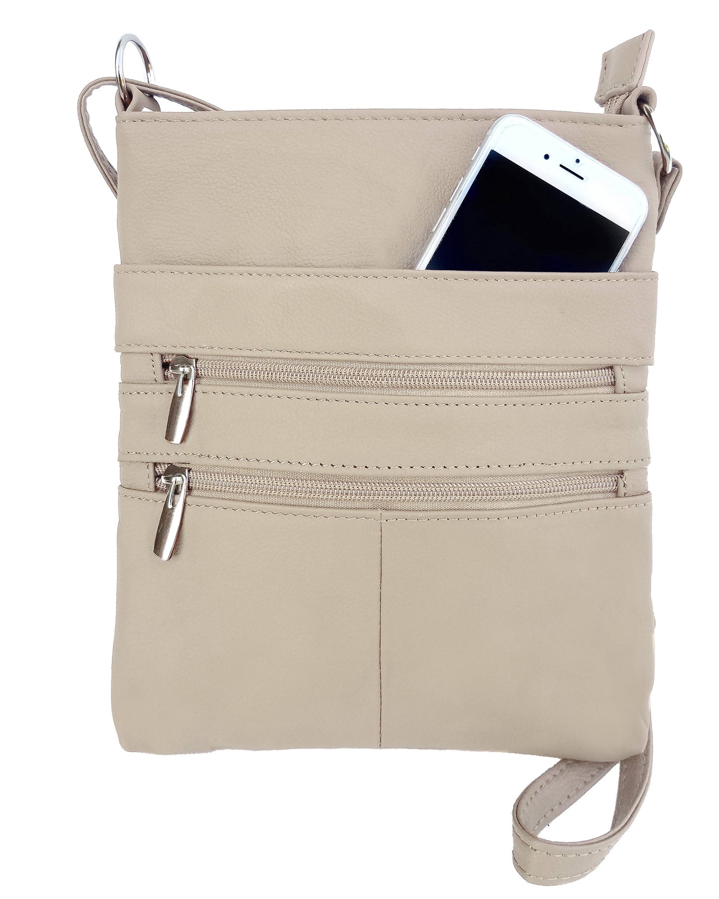 The Roma Leathers, Inc. Large cowhide leather crossbody shoulder bag in beige features two zippered pockets, with a smartphone partially visible in the top pocket.