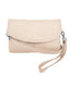 The Roma Leathers, Inc. Cowhide Leather Crossbody Clutch Bag in beige features a fold-over flap and detachable strap, displayed against a white background.