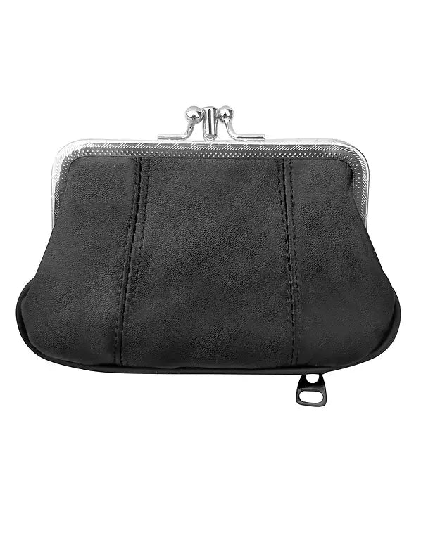 The Lambskin Coin Purse by Roma Leathers, Inc. is a black leather accessory with a metal clasp and visible stitching, shown against a white background.