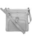 The Roma Leathers, Inc. 3018 Crossbody shoulder bag with organizer front features light gray cowhide leather, a spacious main compartment, long adjustable strap, front zippered pockets, and silver hardware.