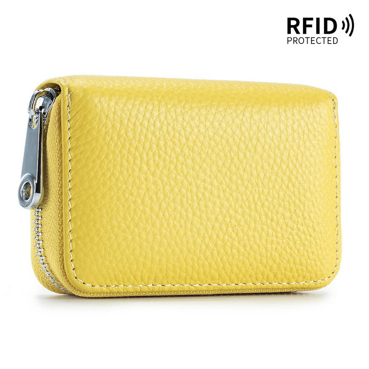 The ACCITY CARD WALLET Anti-Theft Wallet is a yellow textured leather card wallet with a zippered closure and RFID protection shown in the top right corner, blending style with security.