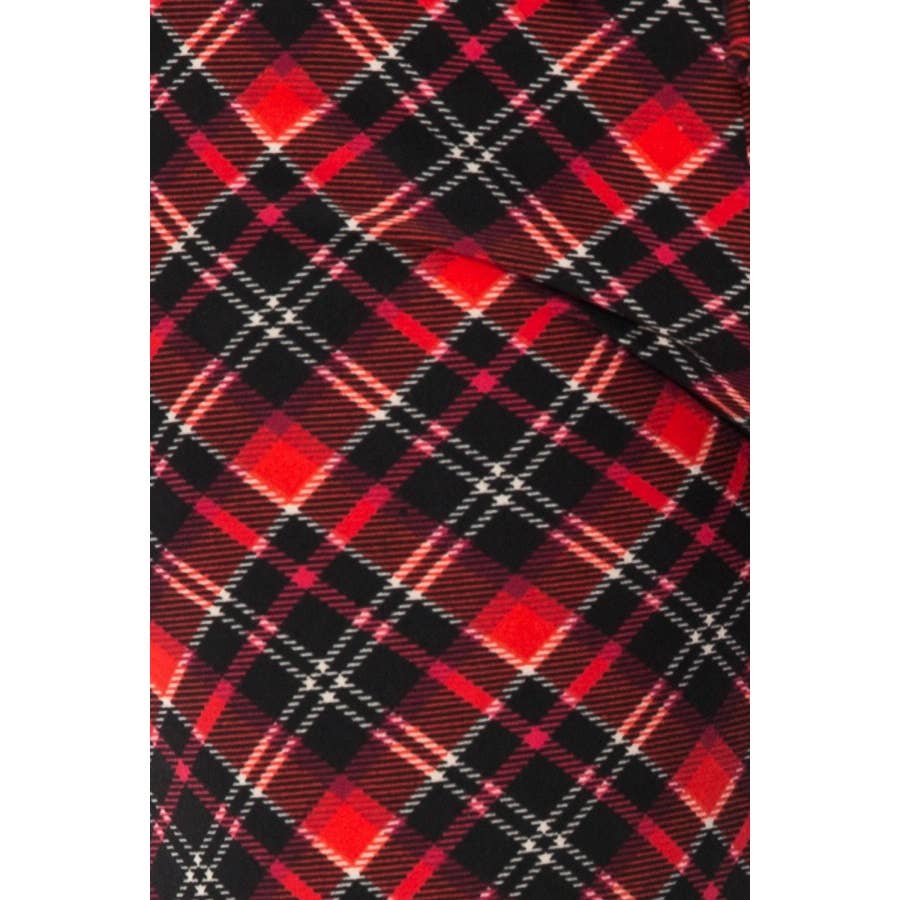 Close-up of classic red, black, and white tartan plaid fabric—ideal for Leggings Depot Buttery Soft Print Pajama Pants with an elastic waistband.