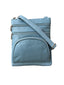 Roma Leathers, Inc. Cowhide leather Crossbody with phone pocket back side in light blue features three zippered compartments and an adjustable shoulder strap, shown against a white background.