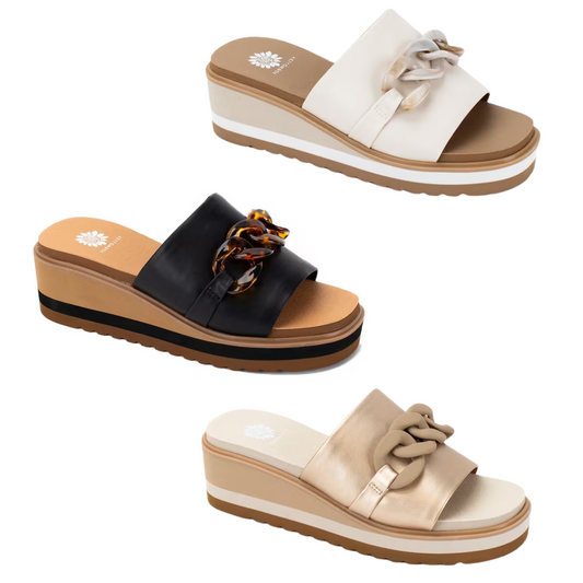 Three different styles of YELLOW BOX - CIT Alora Wedge women's platform sandals with comfort and decorative top straps.