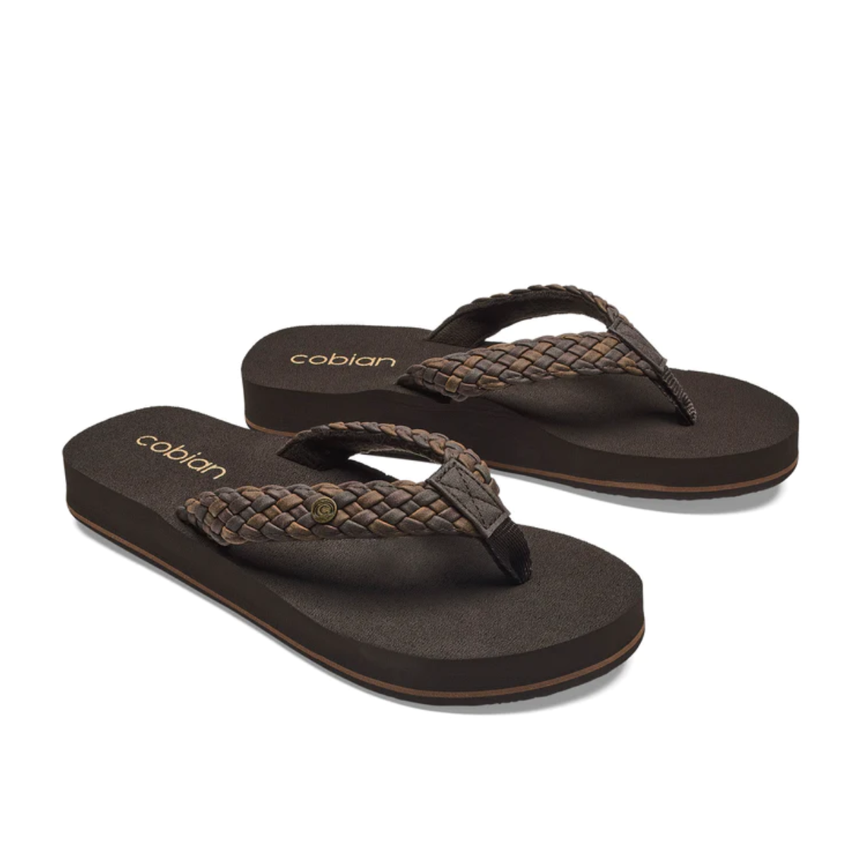 A pair of COBIAN Braided Bounce in Chocolate flip-flops with enhanced comfort and arch support, displayed against a white background.