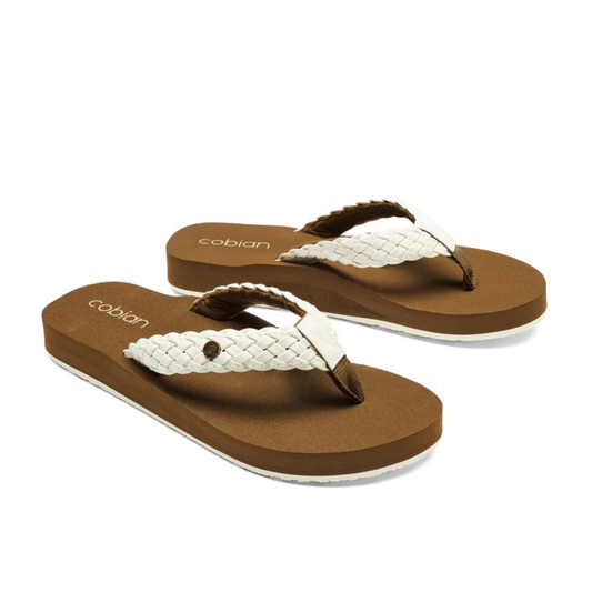 The Braided Bounce Flip Flop in White by COBIAN, featuring white braided straps and an EVA outsole, is displayed on a white background.