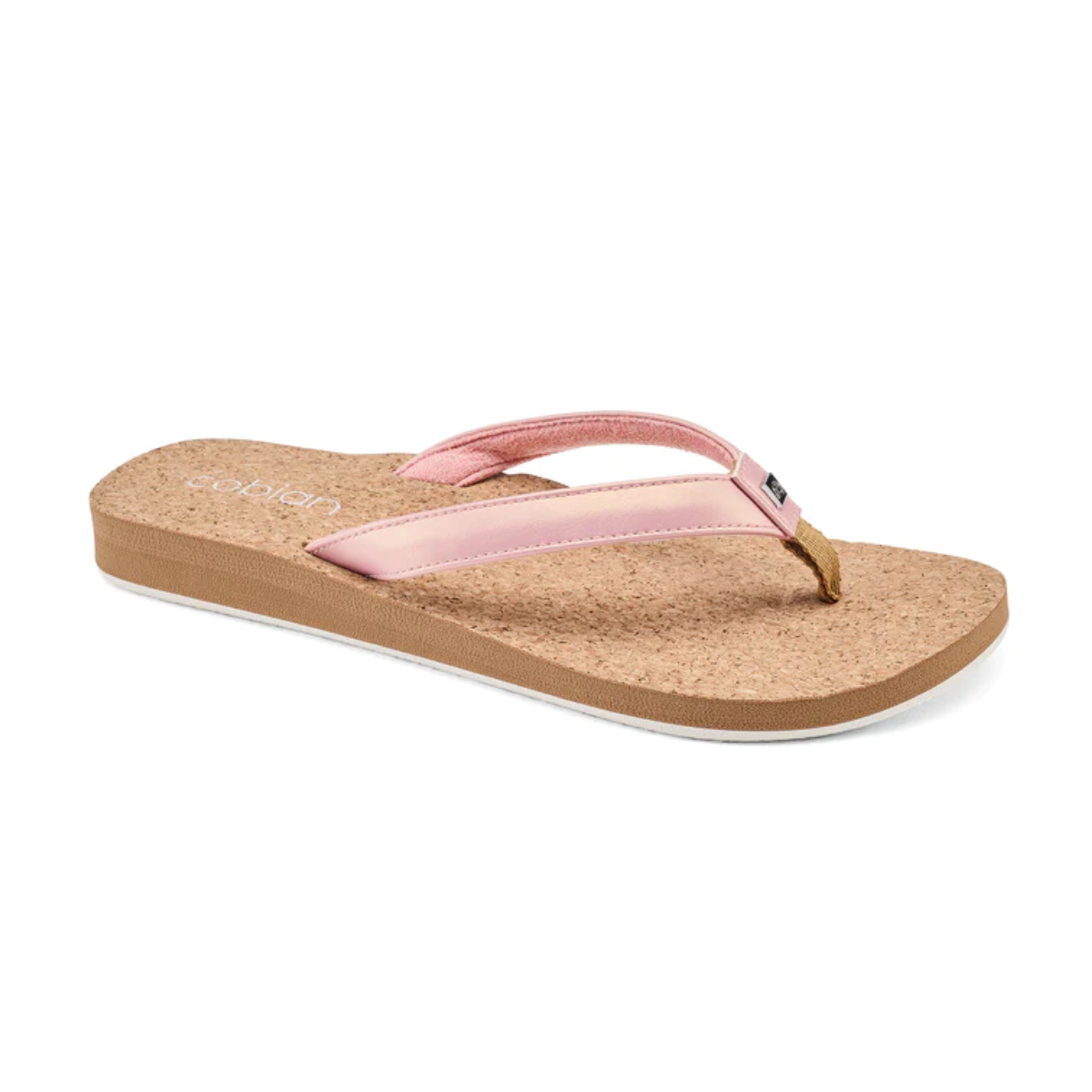 A single Capri Bounce Flip Flop by Cobian in Pink with a cork top sole for added comfort on a white background.