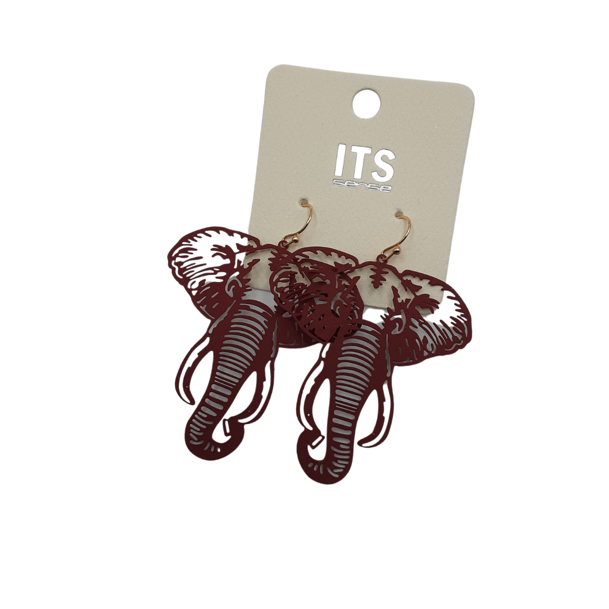 The Open Metal Elephant Head Earrings by SPECIAL EFFECTS come attached to a beige card featuring the word "ITS," making them an ideal playful accessory for your game day ensemble.