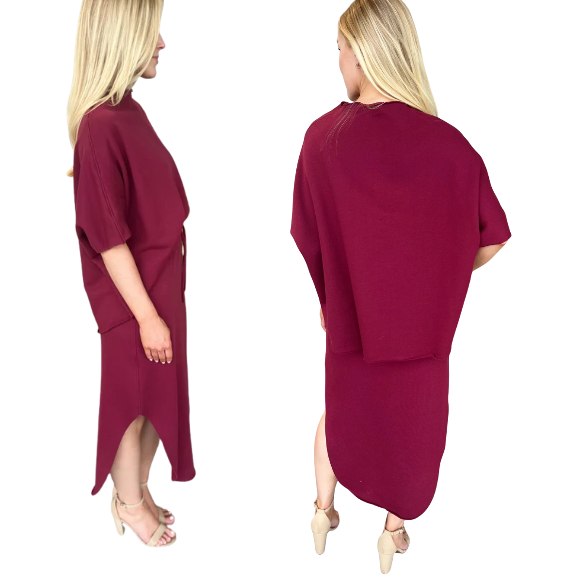 Woman modeling Carol Christian's Mock Neck Terry Skirt Set in burgundy, featuring a loose fit, short sleeves, soft terry fabric, side slits, and shown from side and back on a white background.