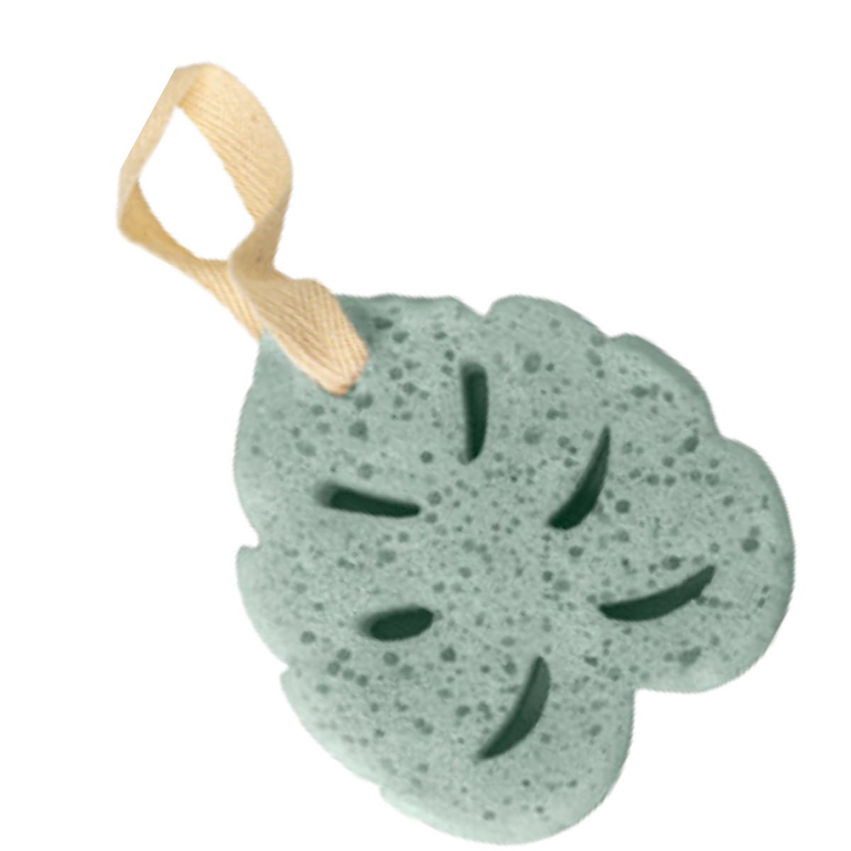 The In the Buff Super Sudsy Soap Sponge by DM MERCHANDISING INC is a green leaf-shaped exfoliating sponge with carved slits and a beige ribbon loop. It's shea butter-infused, vegan, and cruelty-free, perfect for enhancing your skincare routine.