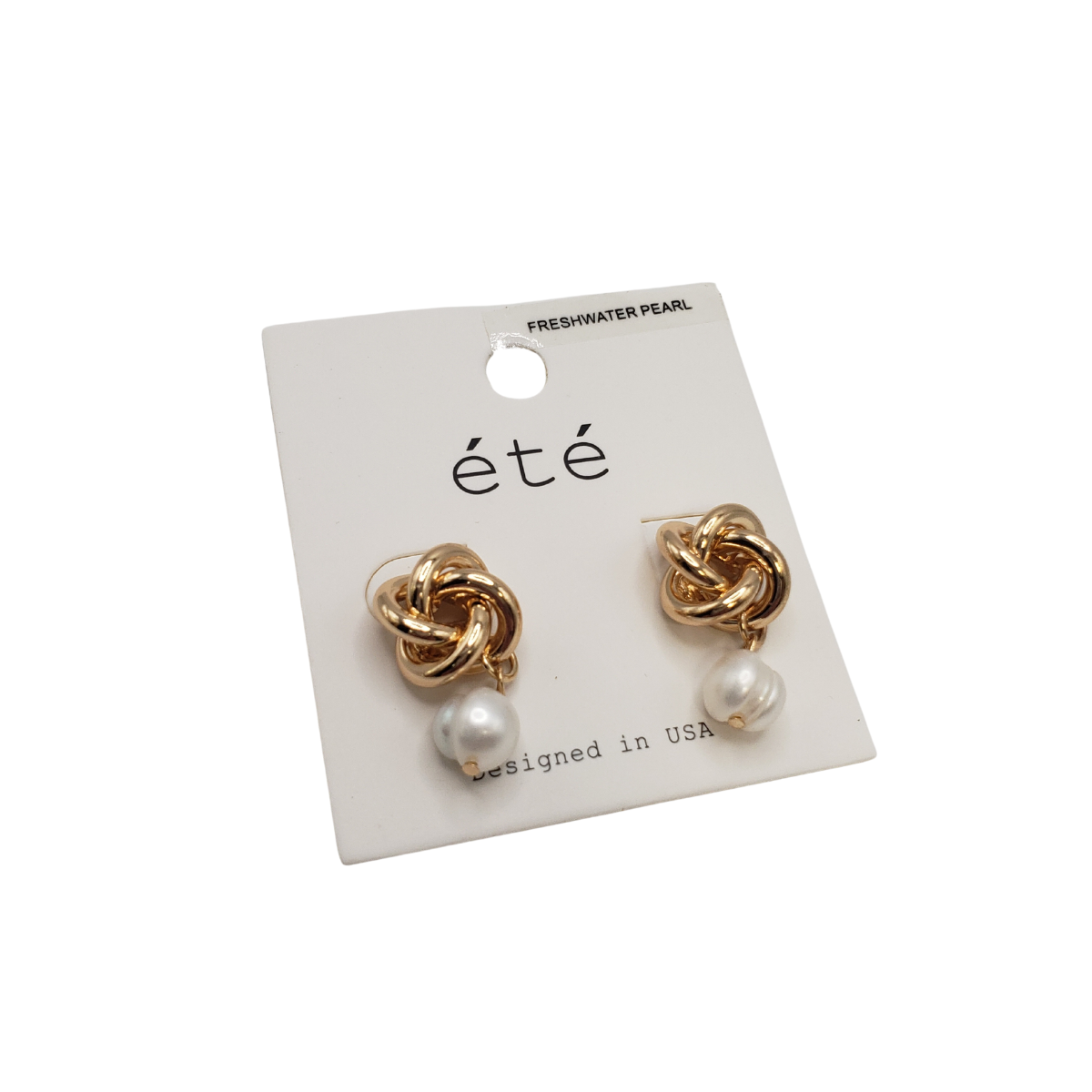 Freshwater Pearl and Love Knot dangle Stud Earrings by SPECIAL EFFECTS, elegantly displayed on a card labeled "été.