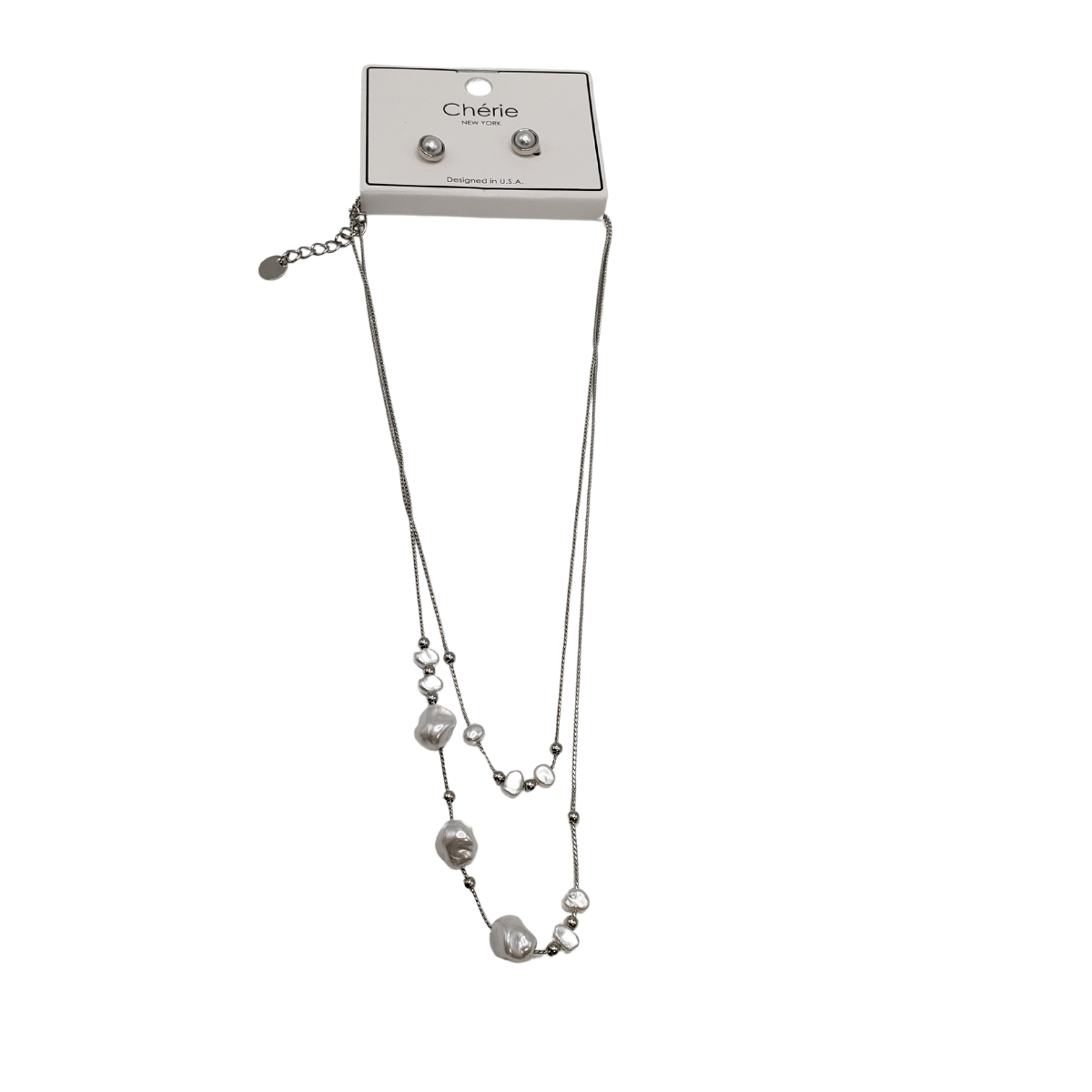An elegant 18" two-row pearl and chain necklace by SPECIAL EFFECTS, featuring faux pearl beads, gold accents, and matching earrings on a display card labeled "Chérie.