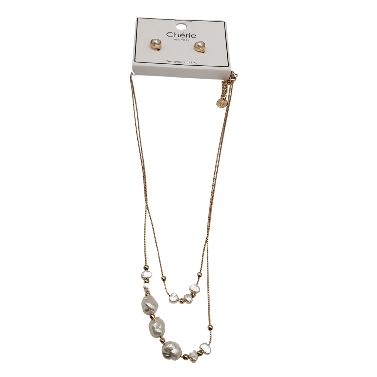 The 18" 2 Row Pearl and Chain Necklace by SPECIAL EFFECTS includes a gold-tone necklace with assorted freshwater pearls and matching stud earrings, all showcased on a display card labeled "Chérie.