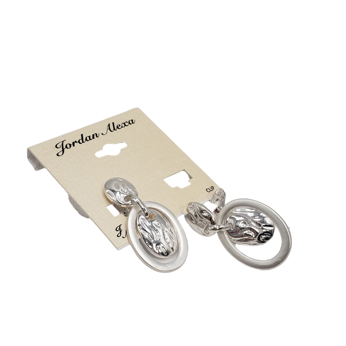Silver Drop Oval Clip-On Earrings from SPECIAL EFFECTS, attached to a beige display card labeled "Jordan Alexa.