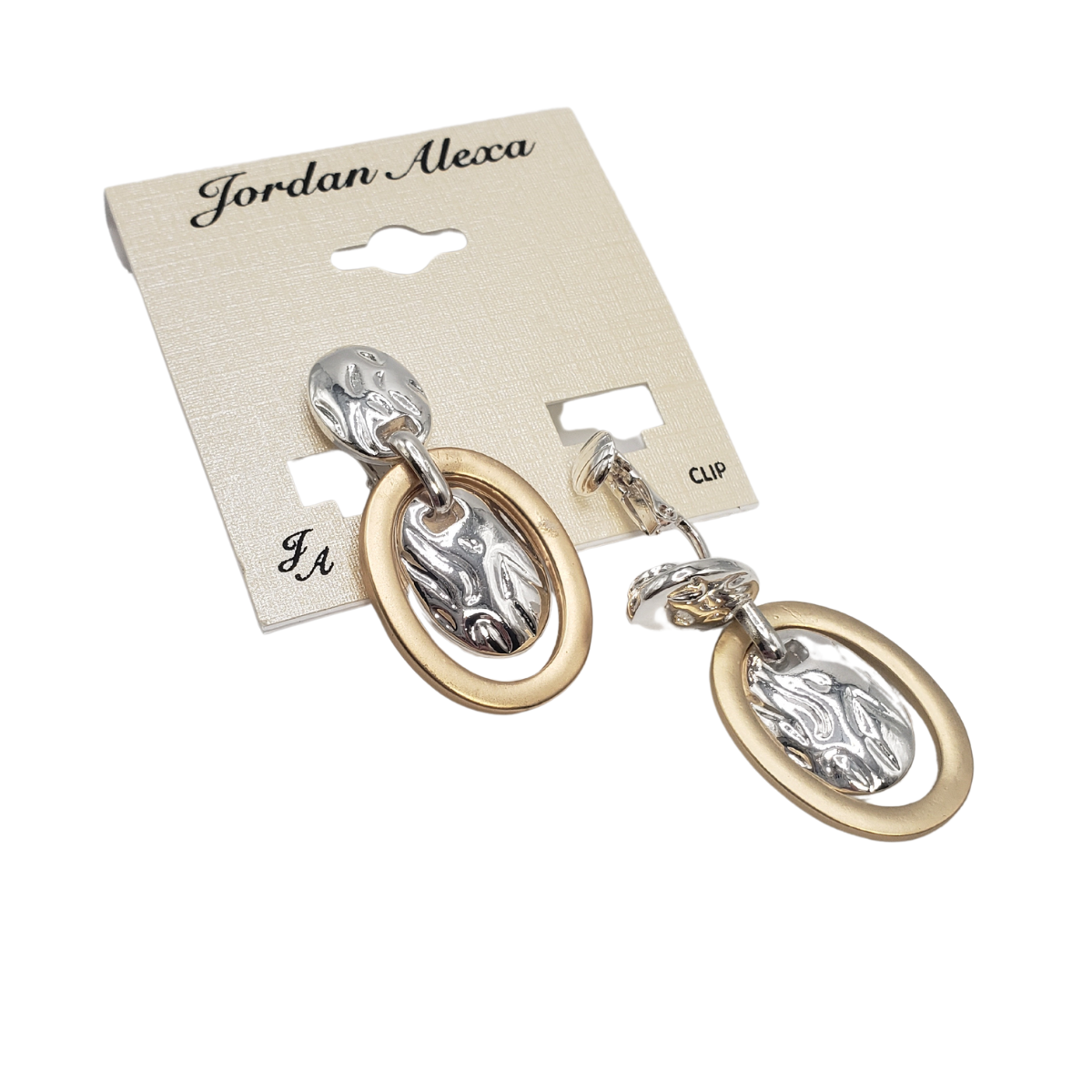 Drop Oval Clip On Earrings by SPECIAL EFFECTS feature textured silver and gold matte metal ovals. Displayed on a card labeled "Jordan Alexa," they add sophistication without sacrificing comfort.