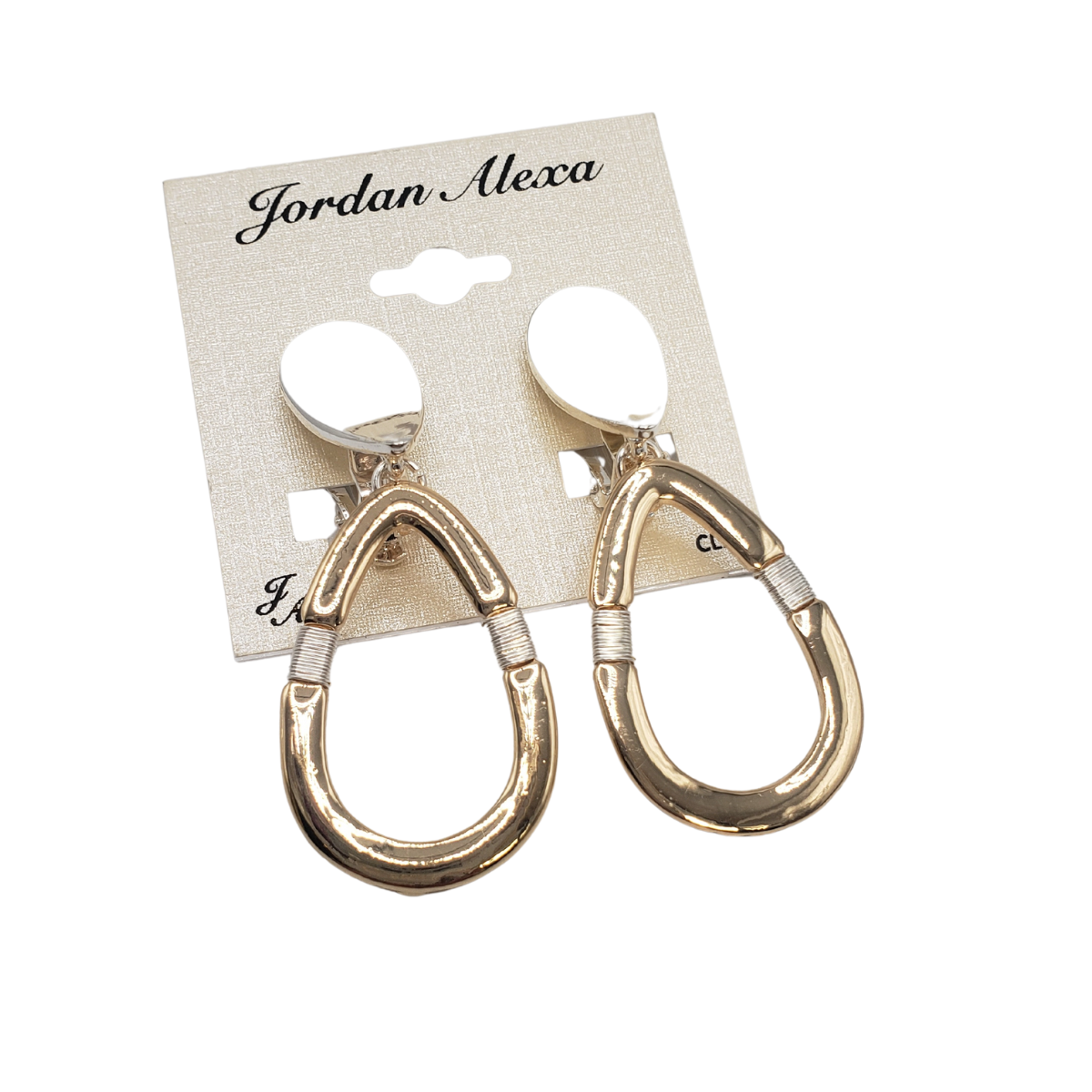 Elegant two-tone clip-on earrings featuring a cut-out teardrop design, mounted on a card labeled "SPECIAL EFFECTS".