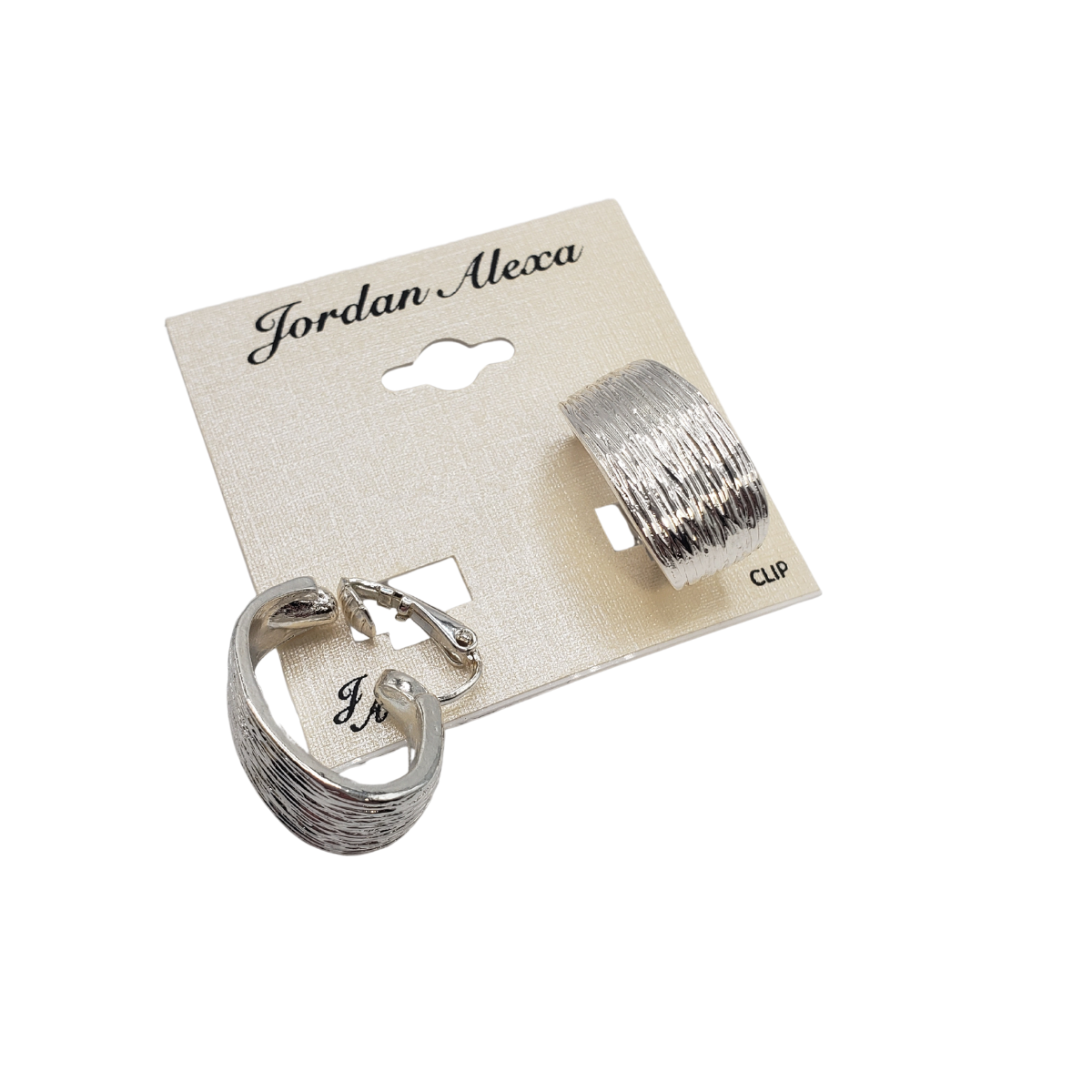 SPECIAL EFFECTS Etched Hoop Clip-On Earrings displayed on a Jordan Alexa card, featuring textured surfaces.