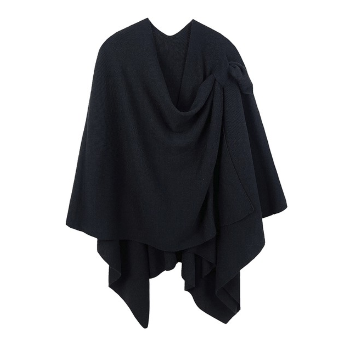 A black Soft Solid Color Ruana with Strap Hold from FASHION GO, featuring a loose, flowing design and an asymmetrical hem.