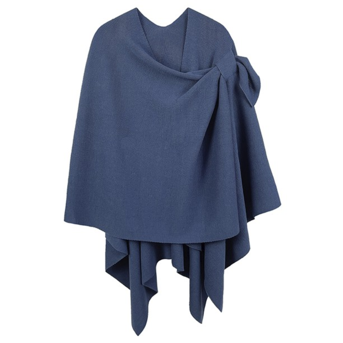 The Soft Solid Color Ruana with Strap Hold by FASHION GO is a blue draped cape with a large bow on the shoulder, and an asymmetrical hem.