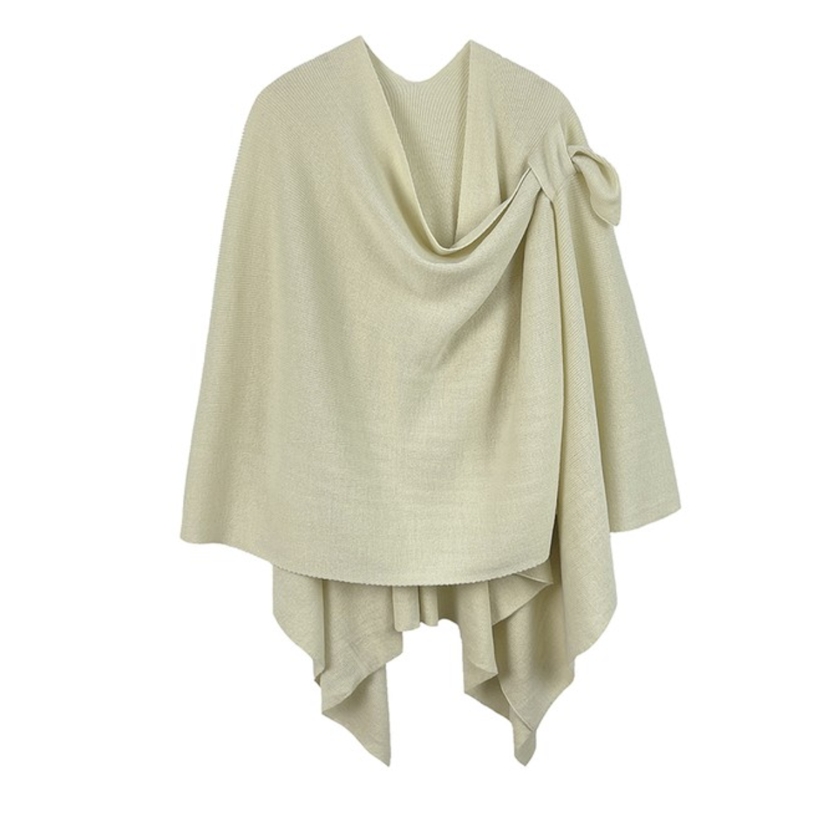 A beige Soft Solid Color Ruana with draped fabric and an over-the-shoulder tie detail by FASHION GO.