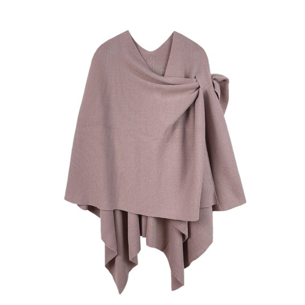 A mauve Soft Solid Color Ruana with Strap Hold by FASHION GO featuring an asymmetrical hem and draped design, displayed against a white background.