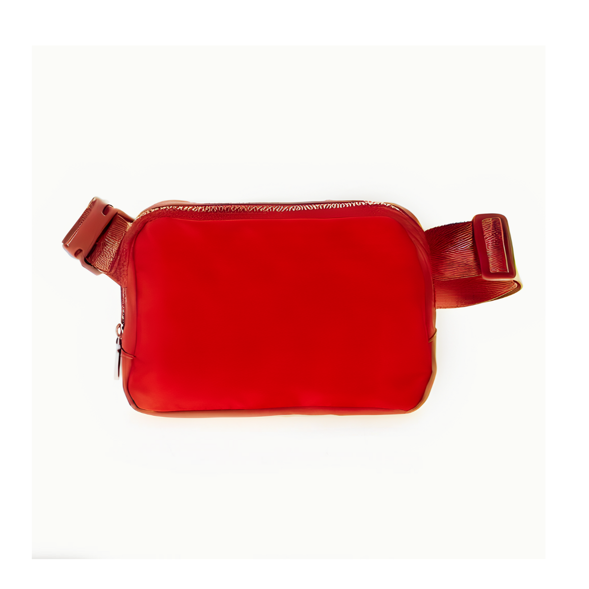 A Fashion Go Fanny Pack Sling Bag in red nylon, featuring a zipper and adjustable strap, is showcased against a white background.