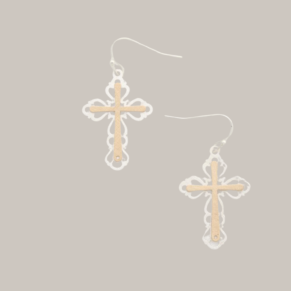 FASHION GO’s Two Tone Cross Dangle Earrings feature gold accents and white lace-like edges, shown against a plain light background.