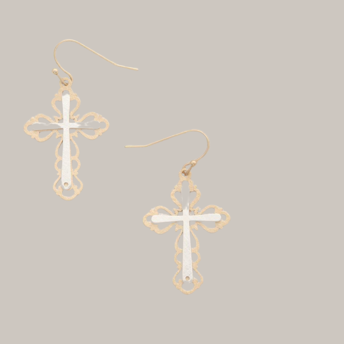 FASHION GO's Two Tone Cross Dangle Earrings in gold and silver feature scalloped edges, shown against a neutral background.