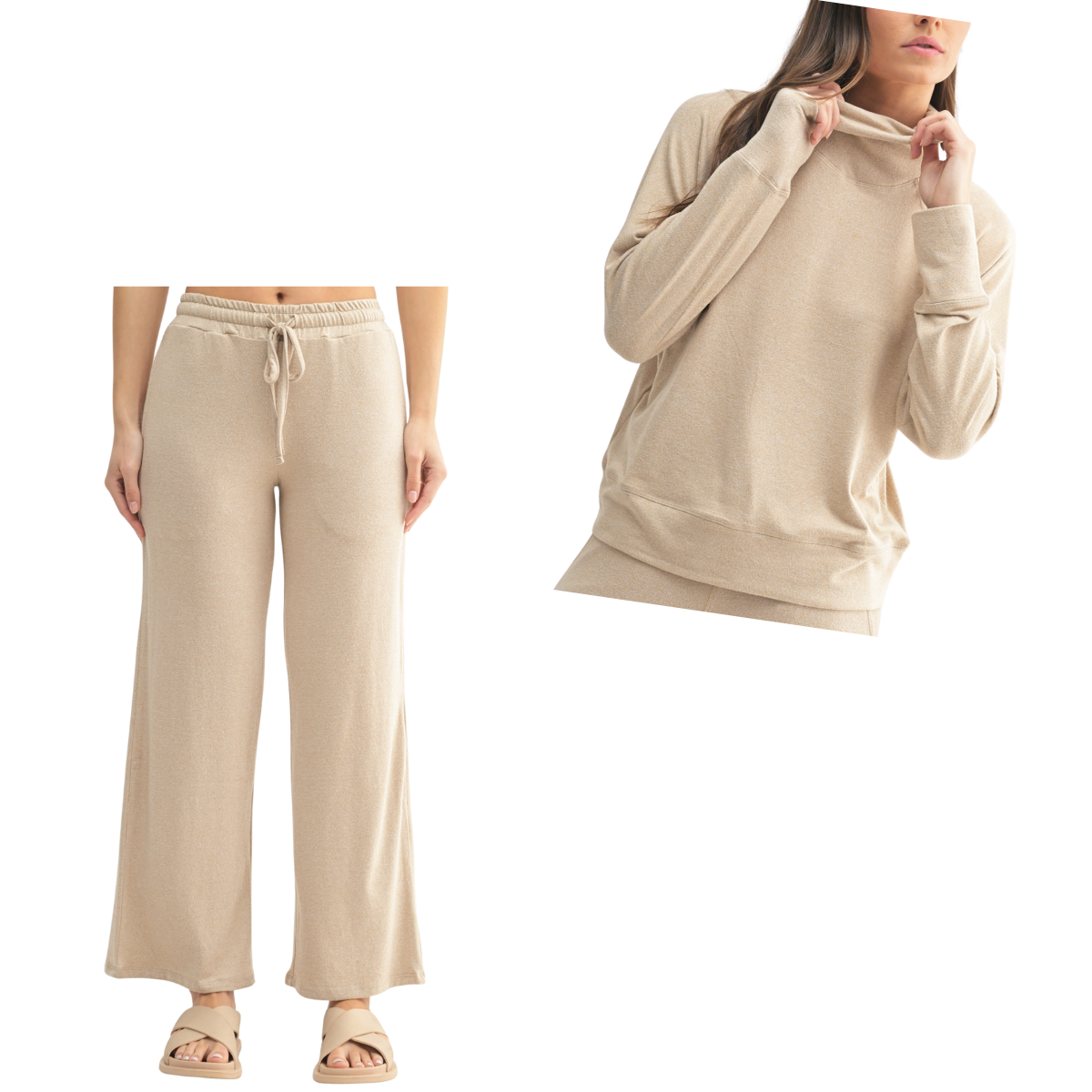 Two views of the Brushed Hacci Lounge Set by FASHION GO: one shows the full-length pant, the other highlights the long-sleeve top with a cowl neckline—both crafted in ultra-soft fabric and available in assorted colors.