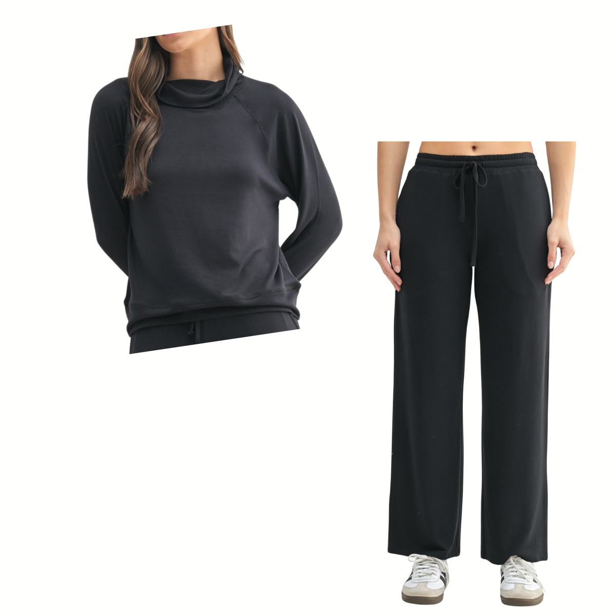 A woman wears the FASHION GO Brushed Hacci Lounge Set in black, featuring a long-sleeve cowl-neck top and wide-leg pants, paired with sneakers.