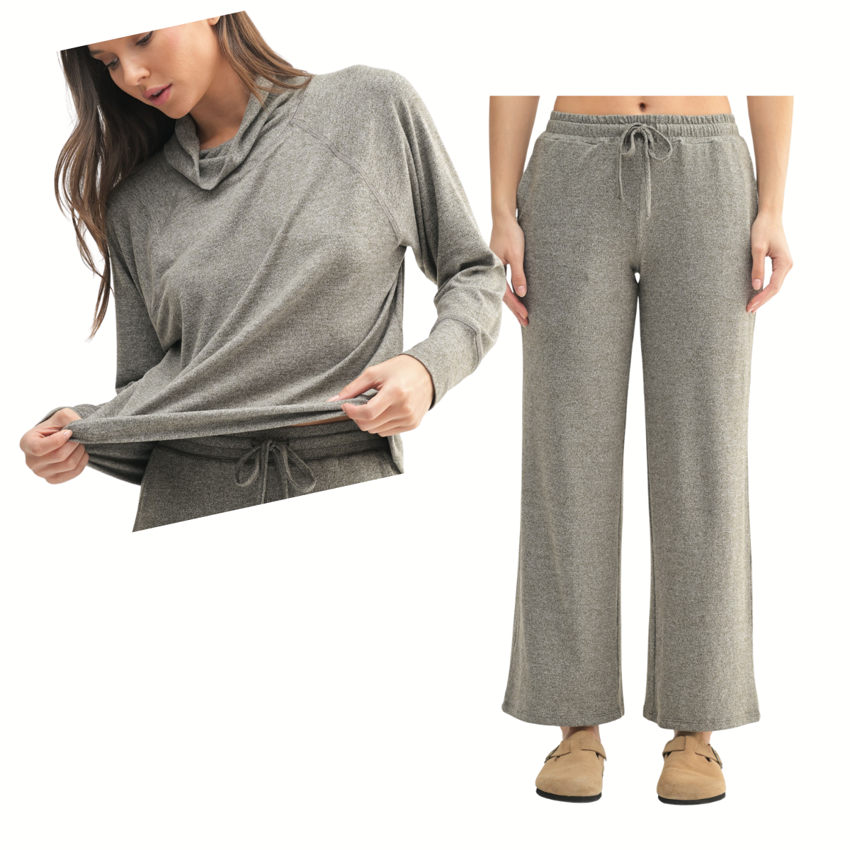 A woman wears the FASHION GO Brushed Hacci Lounge Set in grey, featuring a relaxed-fit long-sleeve top and matching pants in soft fabric, styled with tan slippers for a cozy look.