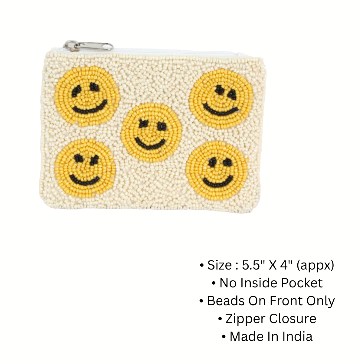 The Wona Trading Seed Bead Accented Mini Pouch Bag (Assorted) features five yellow smiley faces, a white seed bead background, and a zipper closure—an ideal gift for fashionistas. Size and origin details beside the photo.