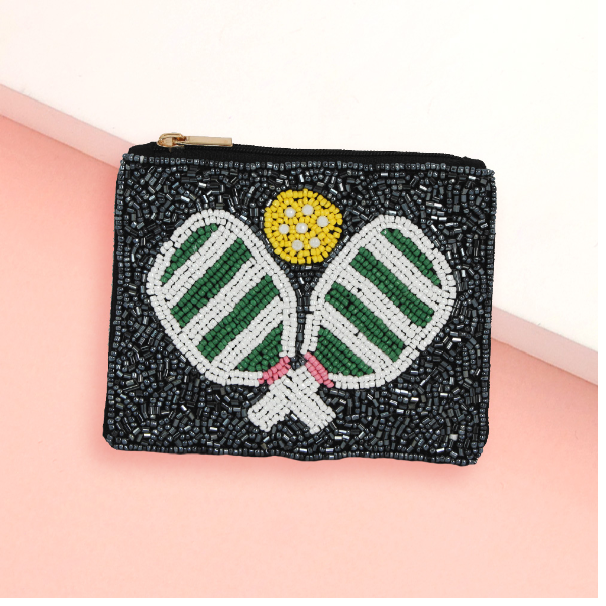 The Wona Trading Seed Bead Accented Mini Pouch Bag features two green tennis rackets and a yellow ball in seed beads—an ideal gift for any fashionista.