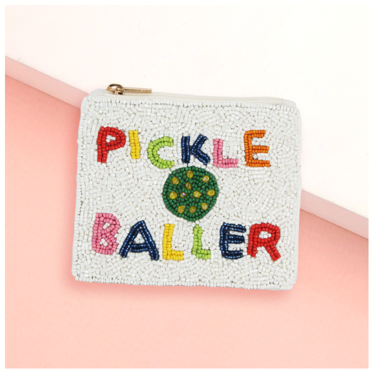 The Wona Trading Seed Bead Accented Mini Pouch Bag Assorted features a white beaded coin pouch with "PICKLE BALLER" and a green pickleball design—perfect for trendsetters who love stylish, sporty pouches.