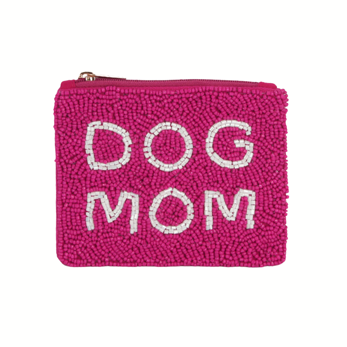 The Wona Trading Seed Bead Accented Mini Pouch Bag Assorted features textured pink beads with "DOG MOM" in white—an adorable coin pouch and perfect gift for any fashion-forward dog lover.