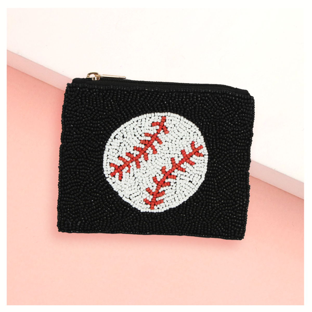 The Wona Trading Seed Bead Accented Mini Pouch Bag features a black coin pouch with a white beaded baseball and red stitching on the front—perfect for fashionistas who love unique accessories.