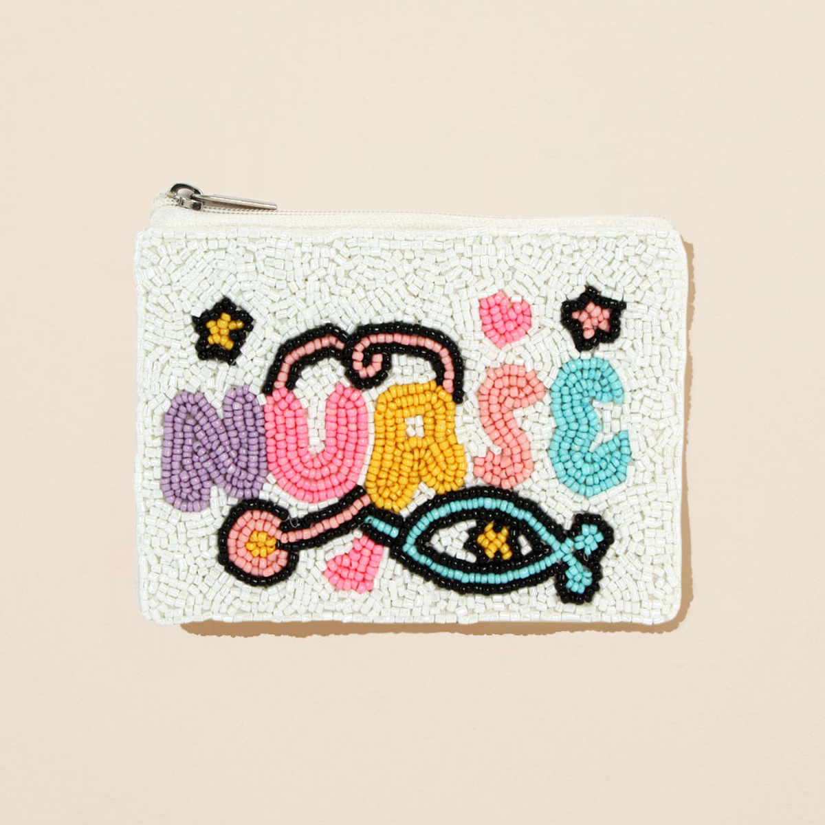 The Seed Bead Accented Mini Pouch Bag Assorted by Wona Trading features colorful "NURSE" lettering, a stethoscope, and star accents—making this chic beaded coin pouch a perfect gift for any fashionista.
