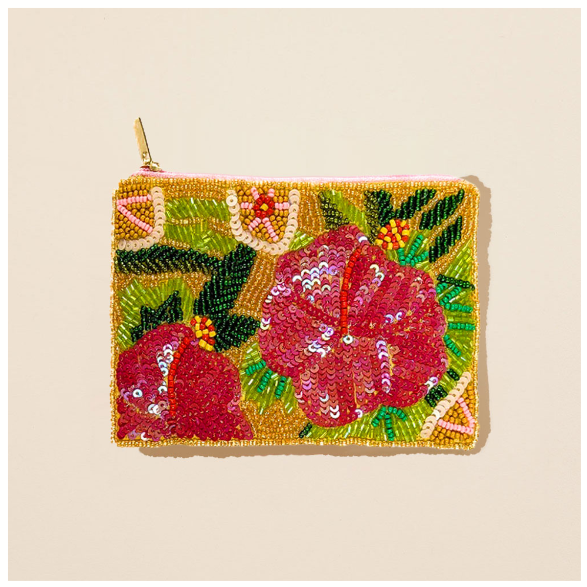 The Wona Trading Seed Bead Accented Mini Pouch Bag Assorted, adorned with pink and red beaded flowers and green leaves and finished with a gold zipper, is displayed on a light beige background—a perfect gift for fashionistas.