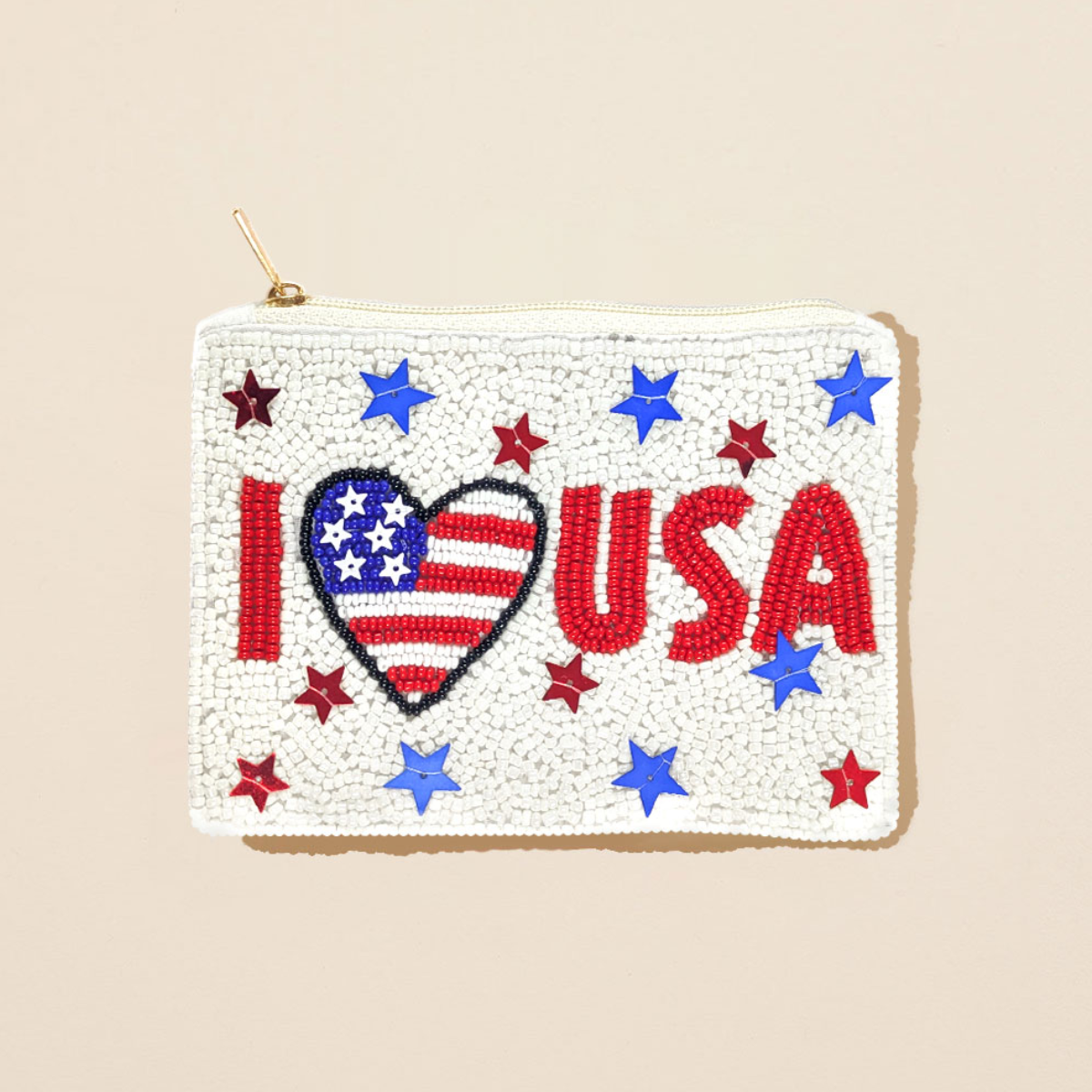 The Wona Trading Seed Bead Accented Mini Pouch Bag features “I ♥ USA” in red, a flag-patterned heart, and star-shaped red and blue bead accents—an ideal patriotic gift for any fashionista.