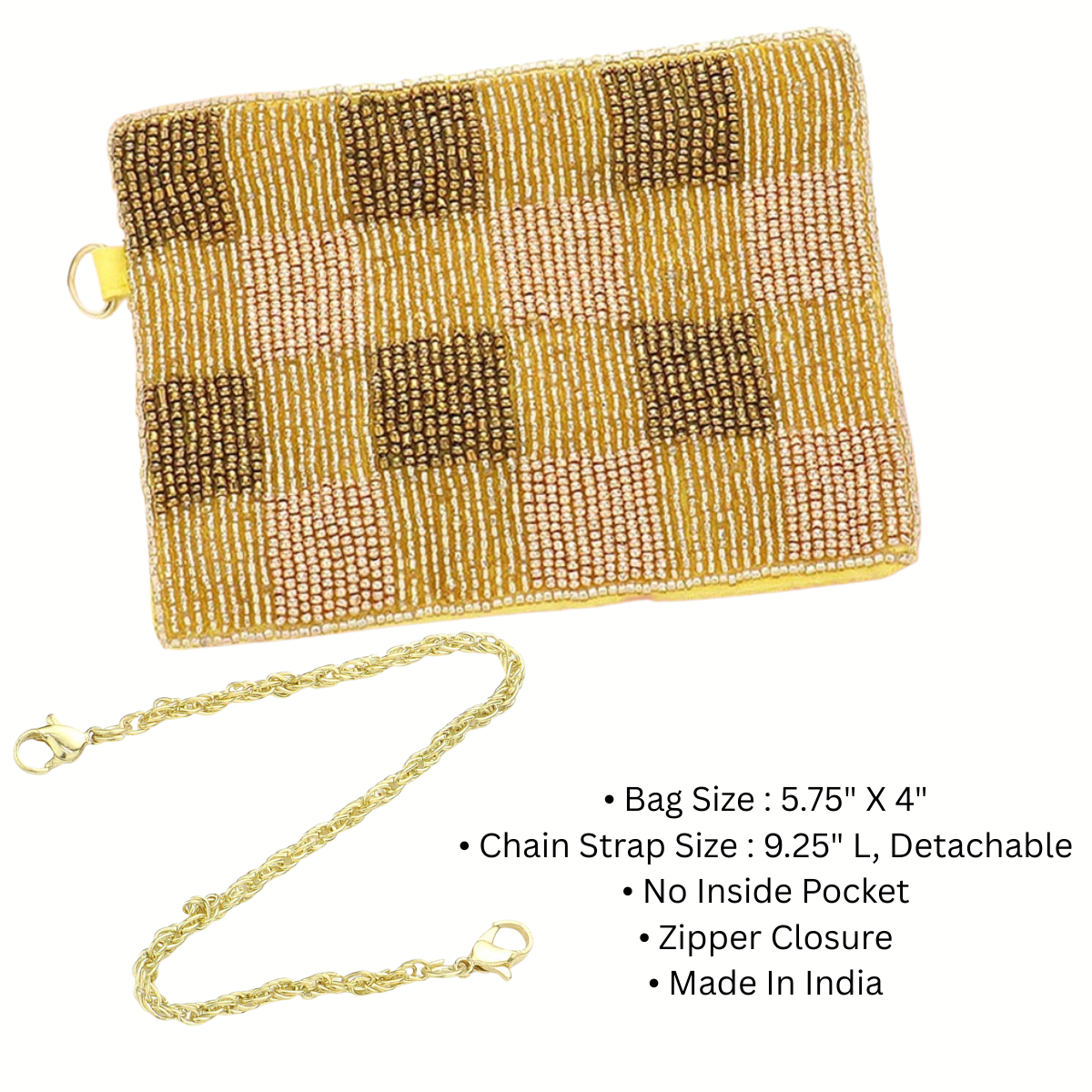 The Seed Bead Accented Mini Pouch Bag Assorted by Wona Trading features a rectangular gold and brown checkered design, gold chain strap, zipper closure, and measures 5.75"x4". Made in India—an ideal gift for stylish accessory lovers.