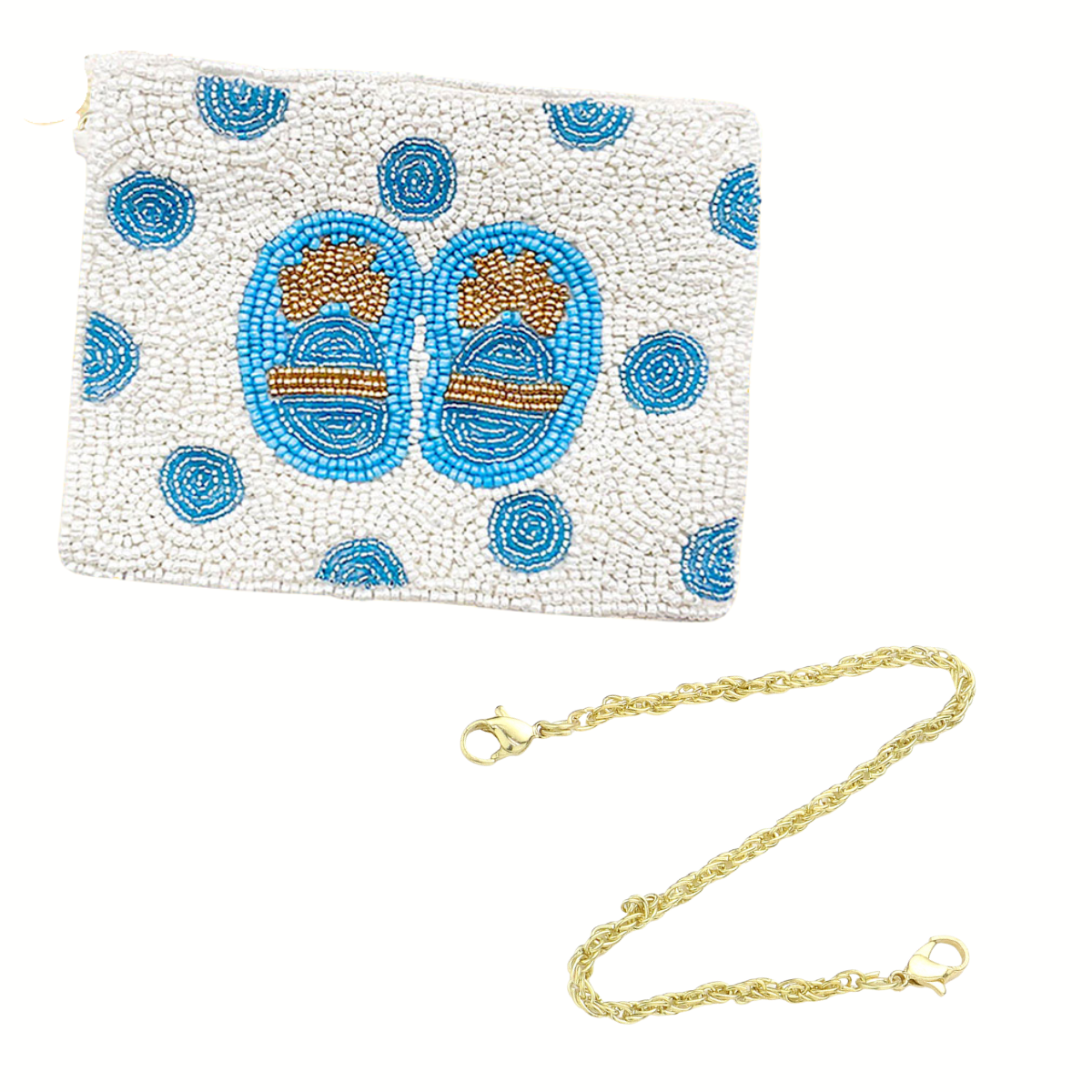 The Wona Trading Seed Bead Accented Mini Pouch Bag Assorted features white beads with blue and brown shoe designs, blue dots, and a detachable gold chain—ideal as a chic coin pouch or unique gift for any fashionista.