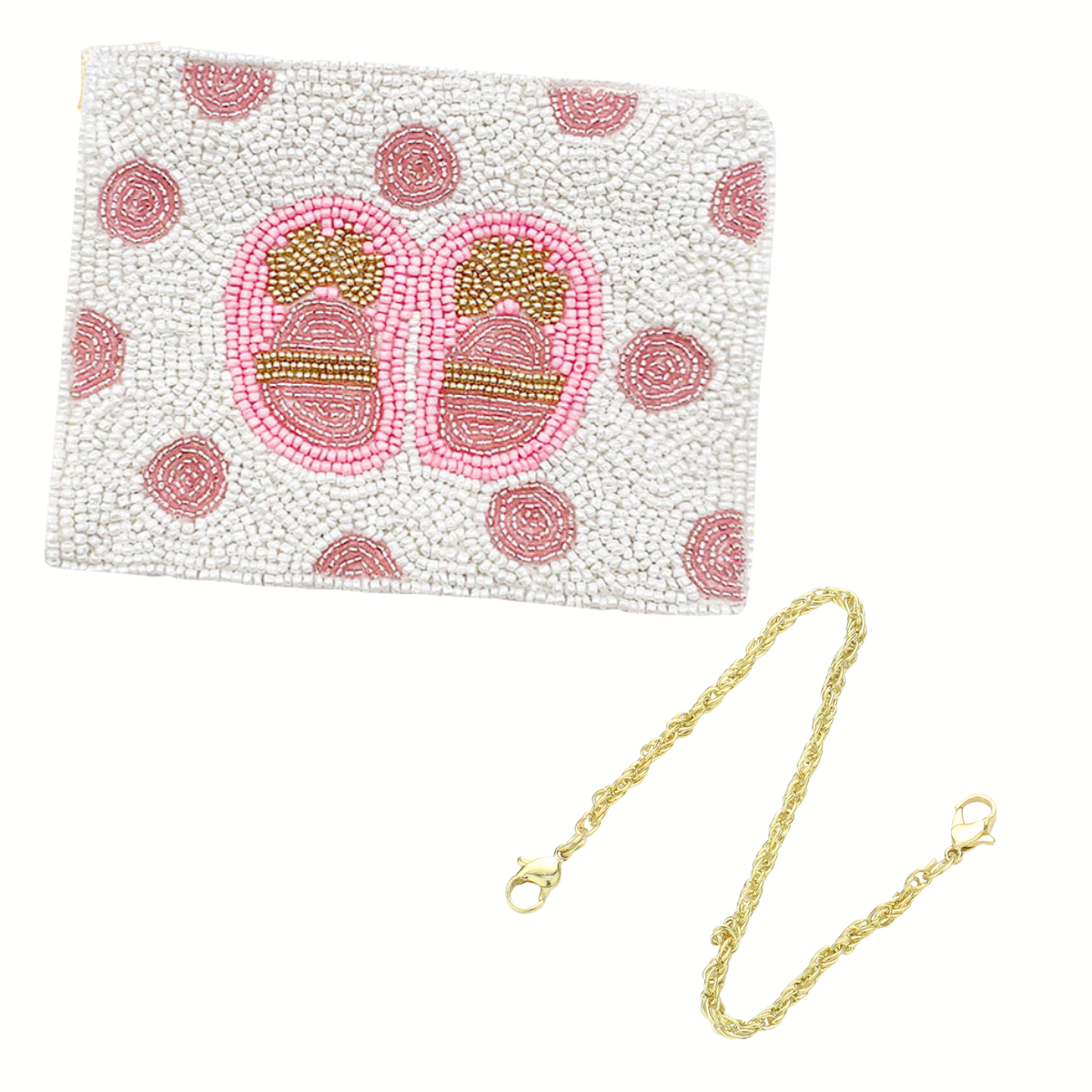 The Seed Bead Accented Mini Pouch Bag Assorted by Wona Trading features a white beaded design with pink and gold sandals, pink polka dots, and a detachable gold chain, doubling as a chic pouch—a perfect fashionista gift shown on white.