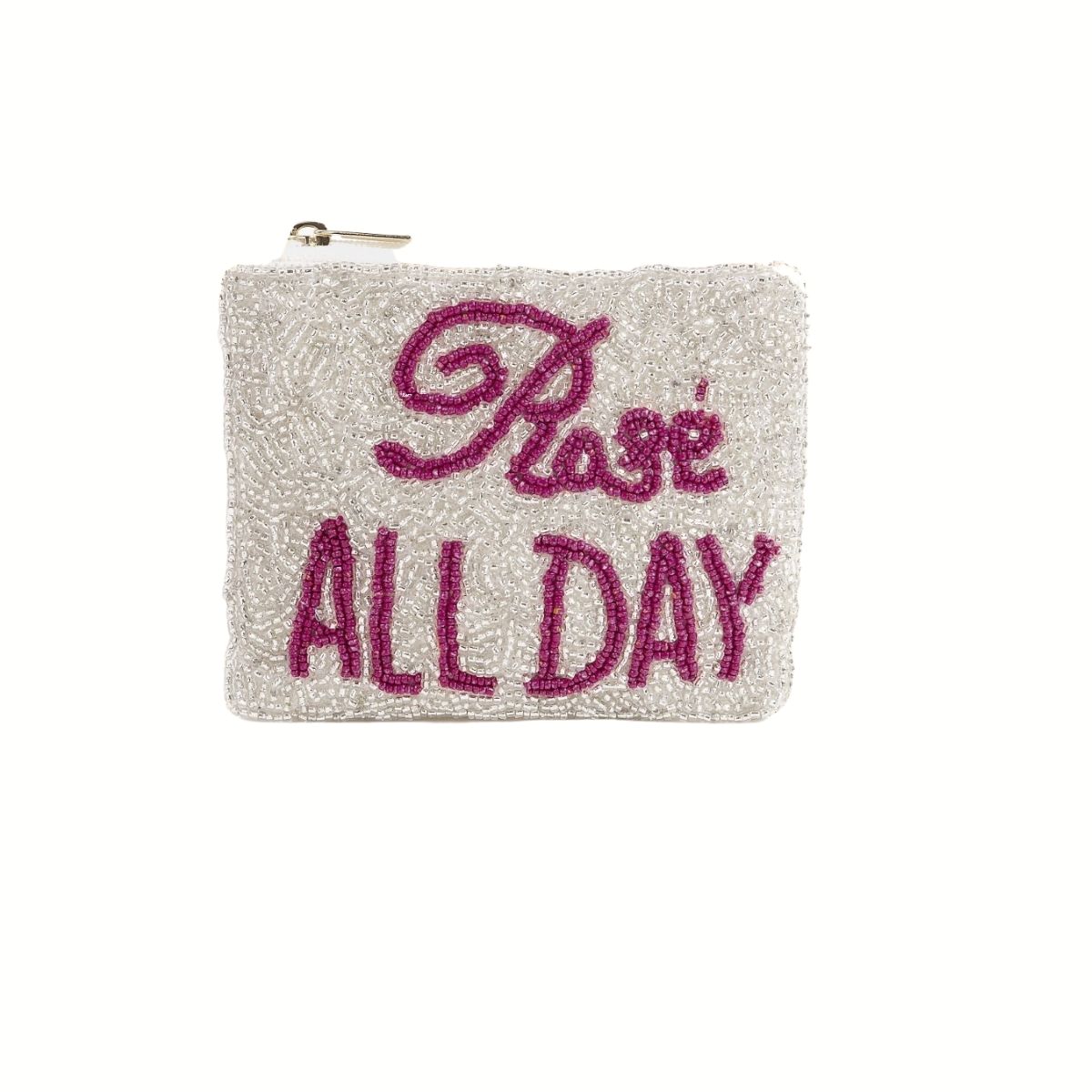 The Wona Trading Seed Bead Accented Mini Pouch Bag Assorted is a small white pouch with "Rosé ALL DAY" in pink beads and a top zipper—an ideal, chic gift for any rosé lover.