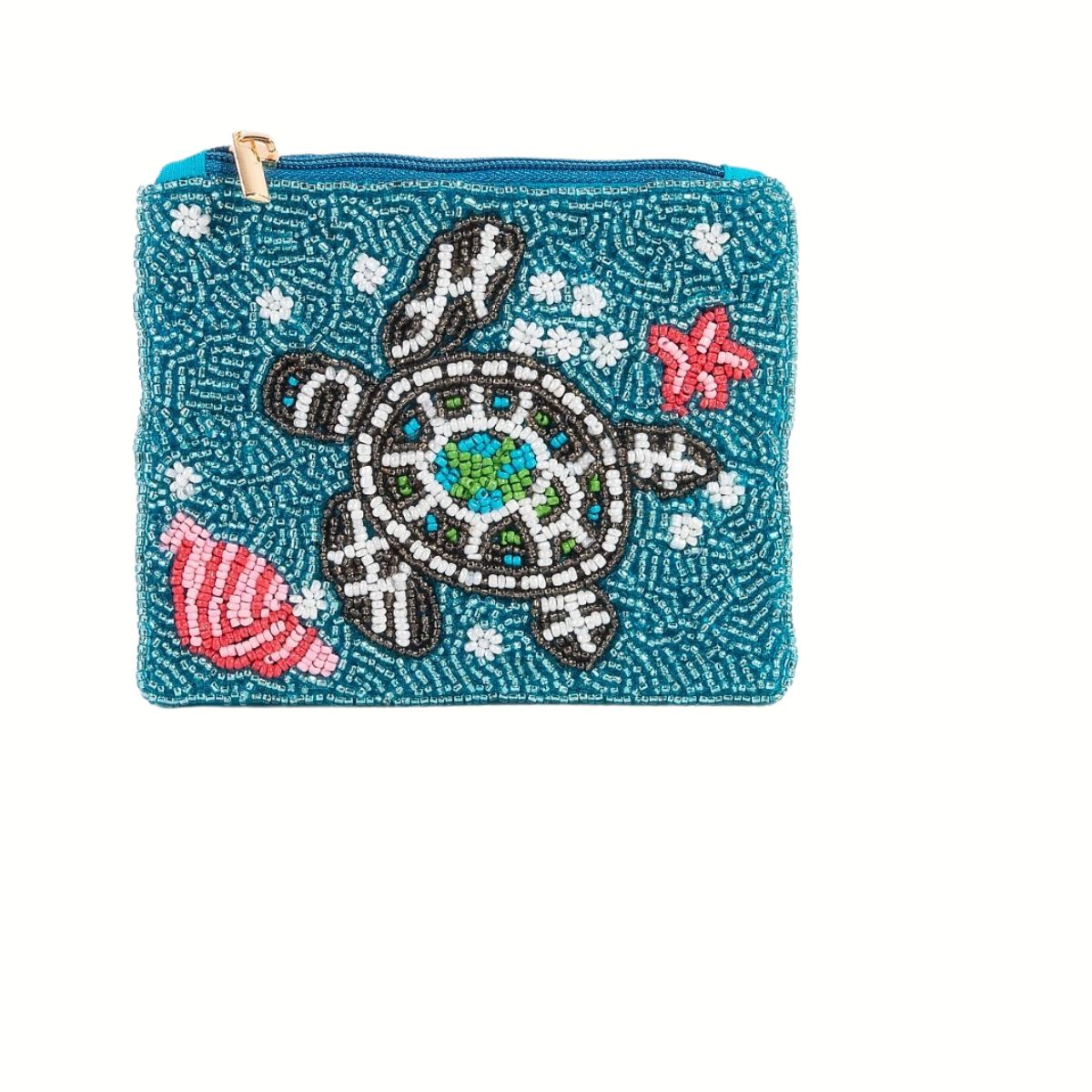 The Wona Trading Seed Bead Accented Mini Pouch Bag Assorted features a blue background with beaded sea turtle, starfish, and shell designs—a charming coin pouch and perfect gift for ocean lovers.