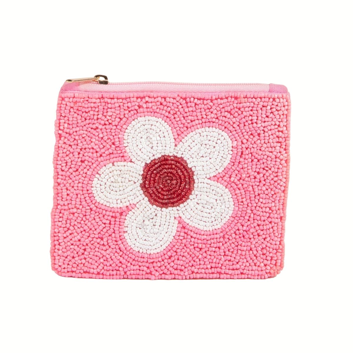The Wona Trading Seed Bead Accented Mini Pouch Bag Assorted is a small pink zippered coin pouch with a white and red beaded flower on the front—an adorable gift item.